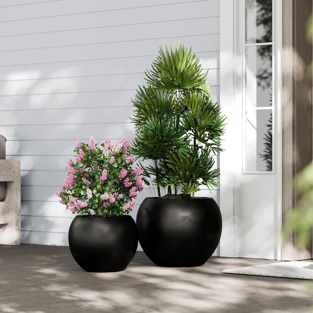 DTY Premium Mt Sherman Fiberstone Sphere Planter for Indoor Outdoor Use, Round Pot for Olive Tree, Lightweight, Smooth Finishes. 2 Extra Coco Mats. Black, Large 21.1'' D x 16.7'' H. 14.6' Pot Opening