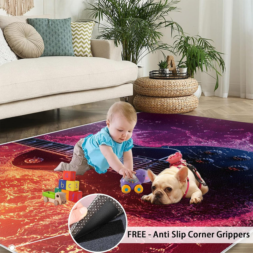 Guitar Rug 5x7-5x7 Rug, Ice and Fire Area Rugs for Bedroom, Music Rugs for Living Room, Boys Room Washable Mat, Rock Style Carpet, Guitar Home Decor & Gifts