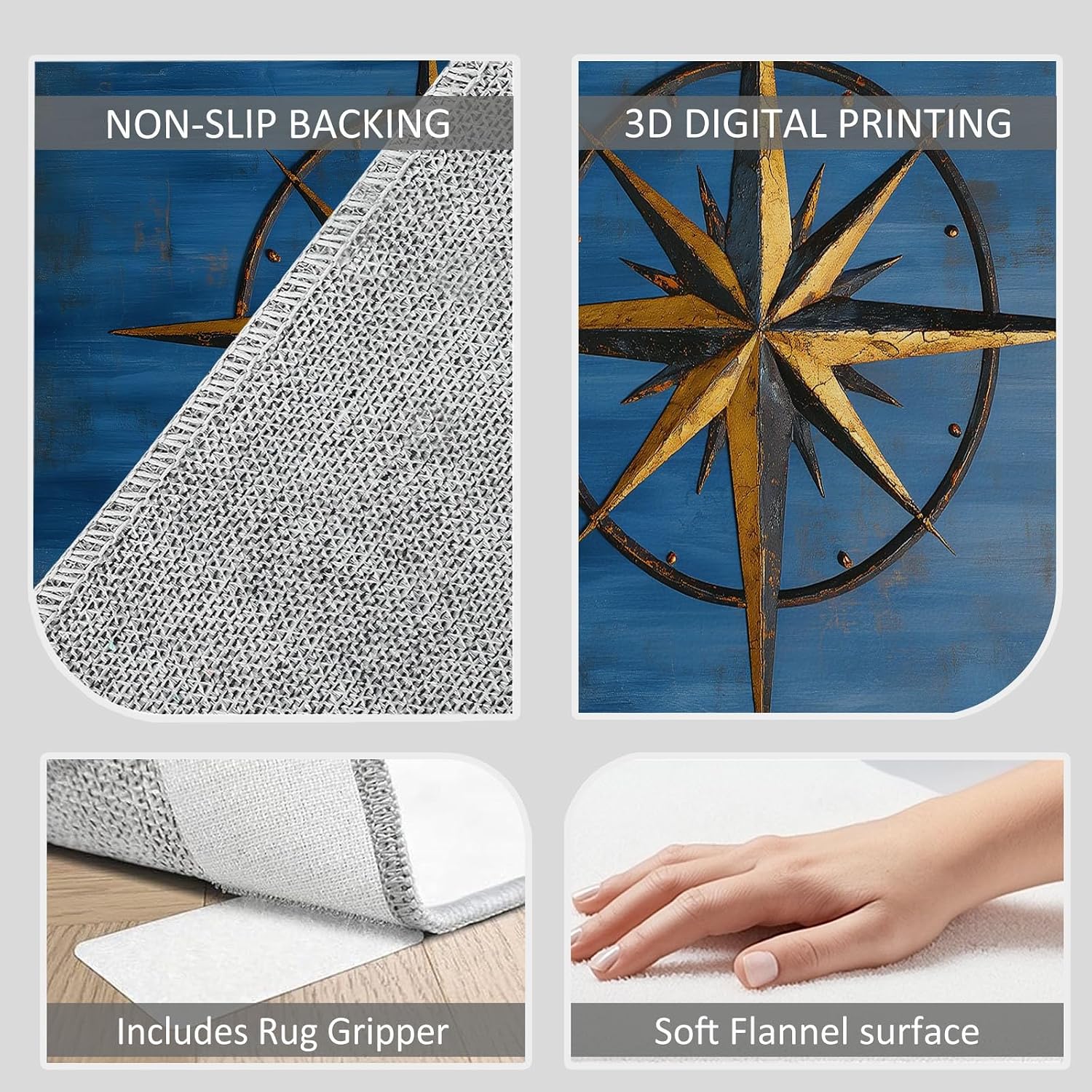 Nautical Theme Print Washable Area Rug 5 x 7 ft for Living Room, Distressed Compass Symbols Non-Slip Rug Kids Nursery Throw Carpet for Bedroom Entryway Dining Room Office Carpets Decor