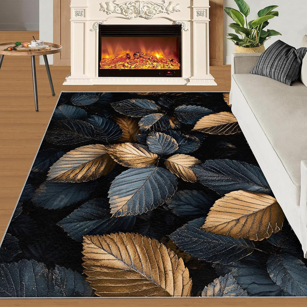 Leaves Rug - 6x8 Rug, Black Gold Leaf Area Rugs for Bedroom, Botanical Rugs for Living Room, Plant Carpet, Washable Carpet, Leaves Home Decor & Gifts