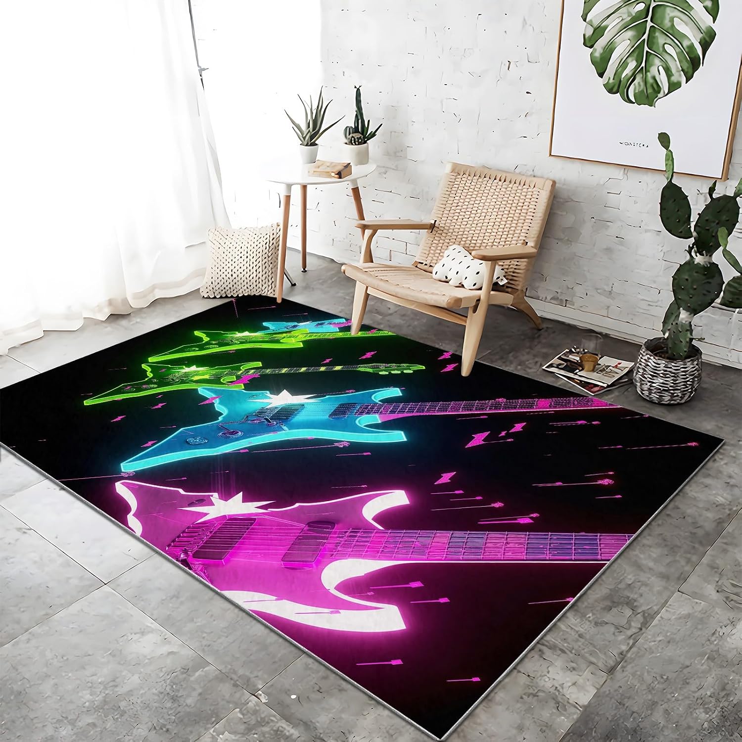 Washable Area Rugs 5x7 ft Colorful Guitar Musical Instrument Living Room Rug Non-Slip Indoor Floor Carpet for Bedroom Nursery Kids Playroom Office Dining Room Home Decor