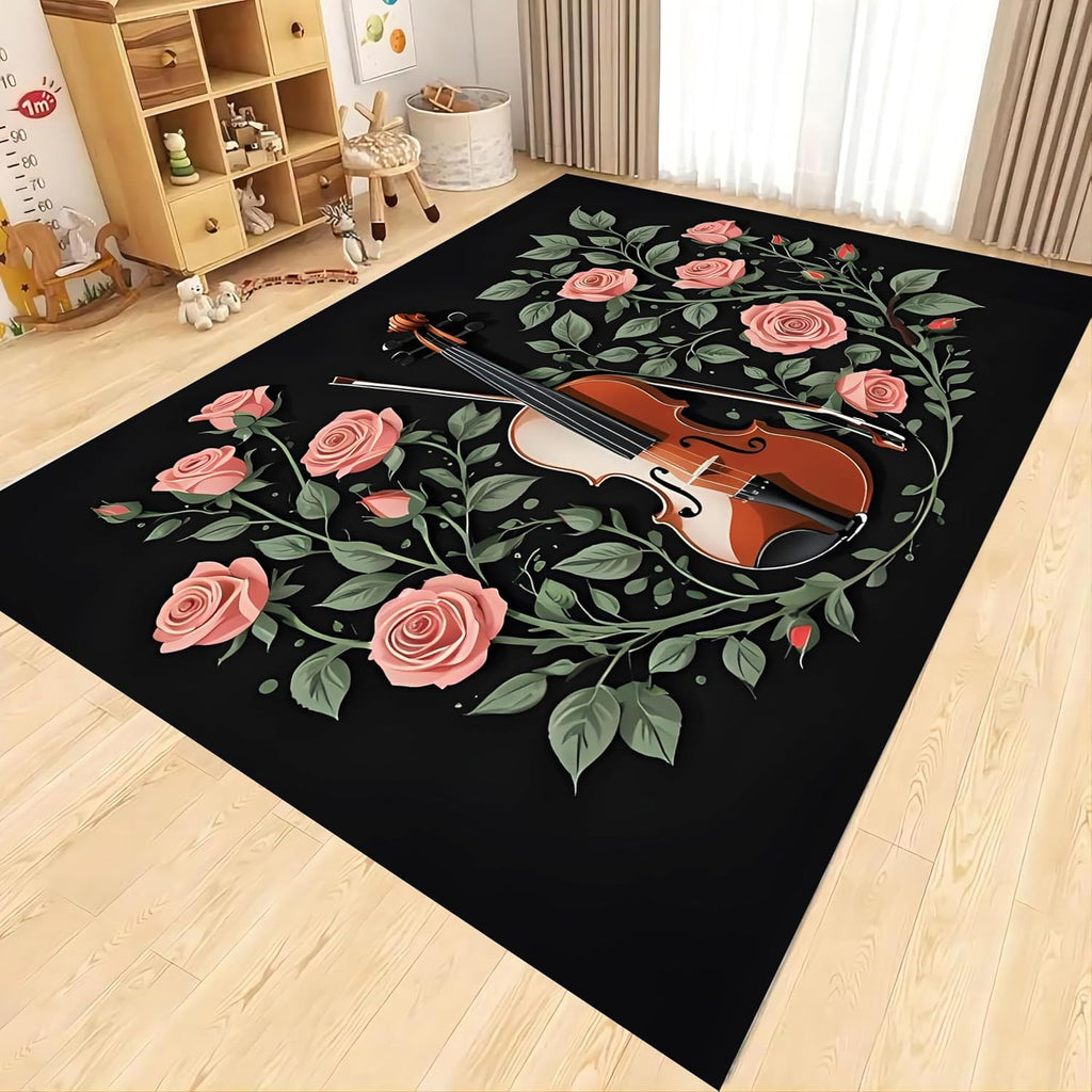 Black Area Rug，6x8ft Rose Flower Violin Music Note Area Rug，Simple Retro Music Lover Non-Slip Indoor Carpet，Kitchen Welcoming Entrance Home Decor Large Carpet Washable Floor Mats