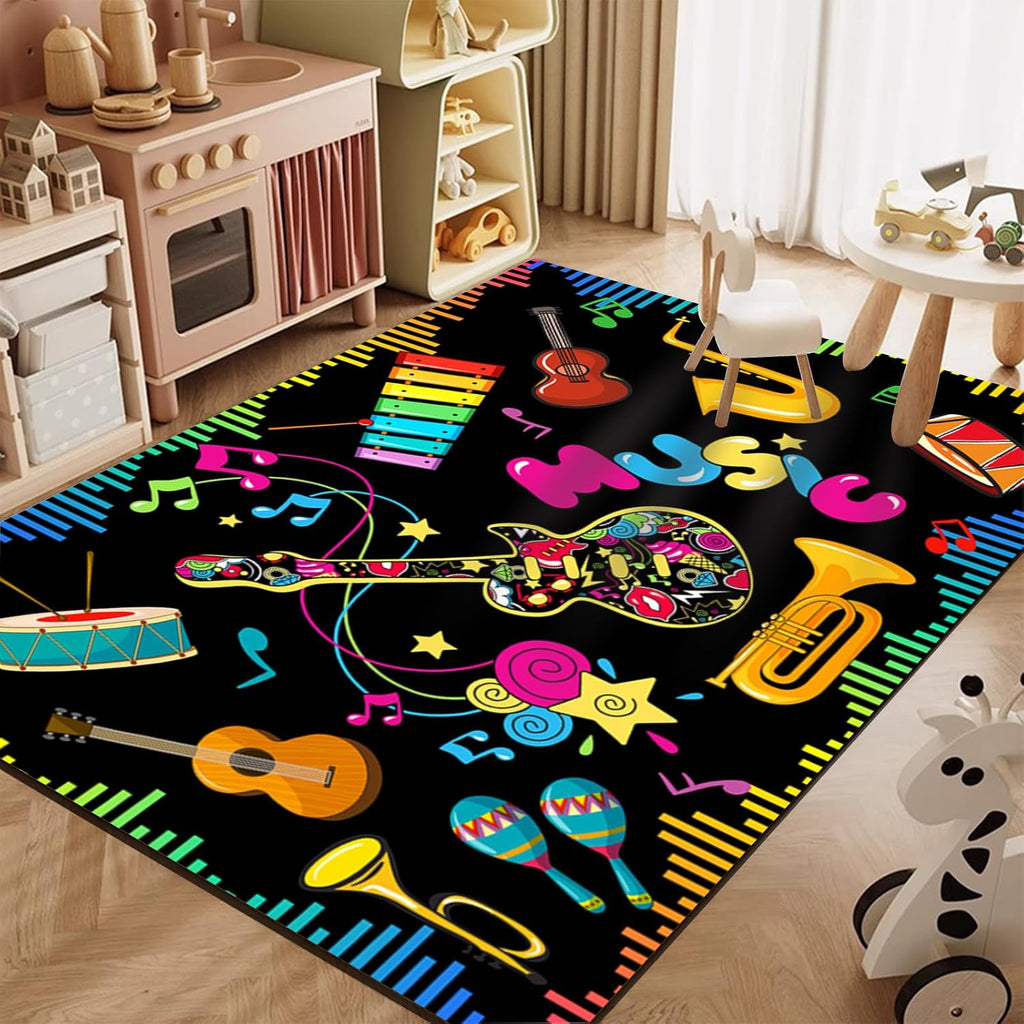 Musical Notes Musical Elements Printed Area Rug, 6x8ft, Guitar Drum Music Keyboard Classroom Playmat for Preschool, Durable Low Pile Fade Resistant Reduce Noise Rugs for Hallway Indoor