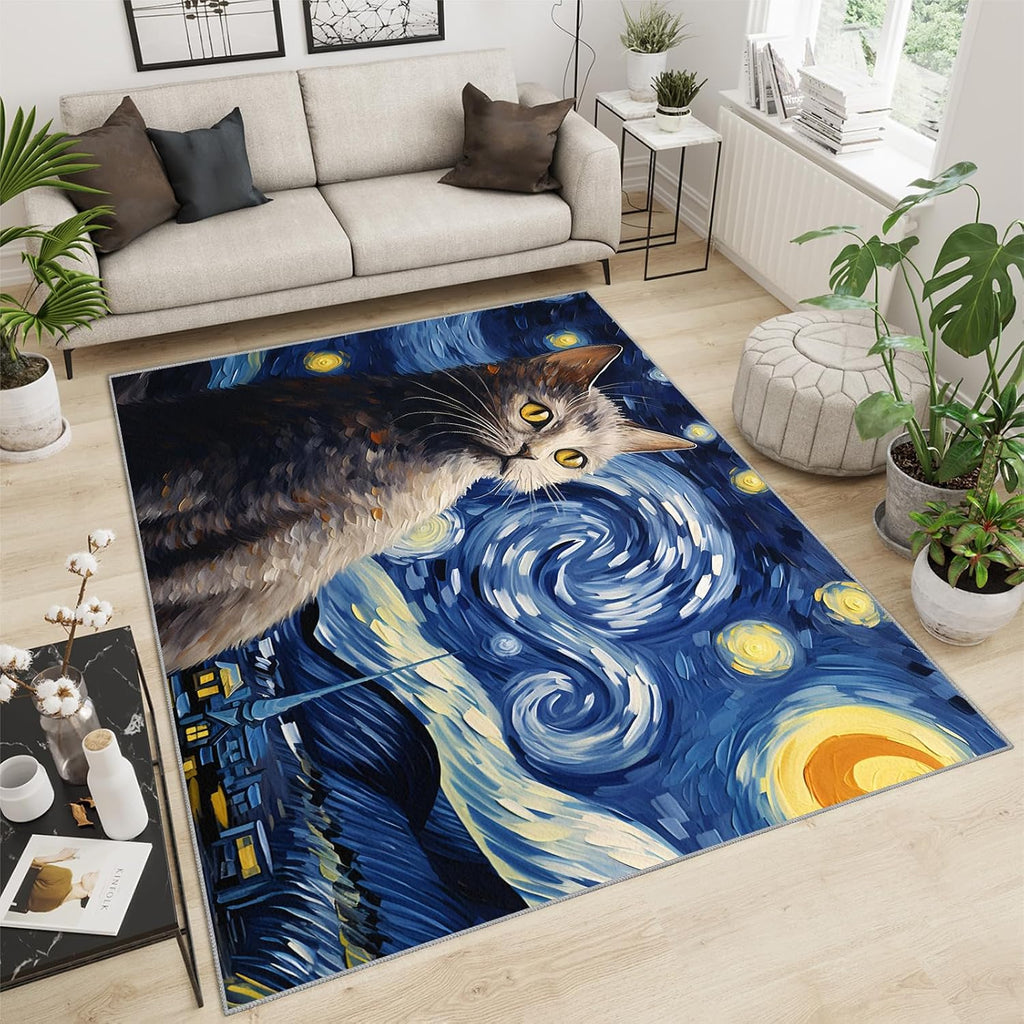 6x8 Area Rug - Starry Sky British Shorthair Cat Large Rugs for Living Room, Post-Impressionist Art Painting Carpet Area Rug for Girls Bedroom Kids Room Basement Office Classroom