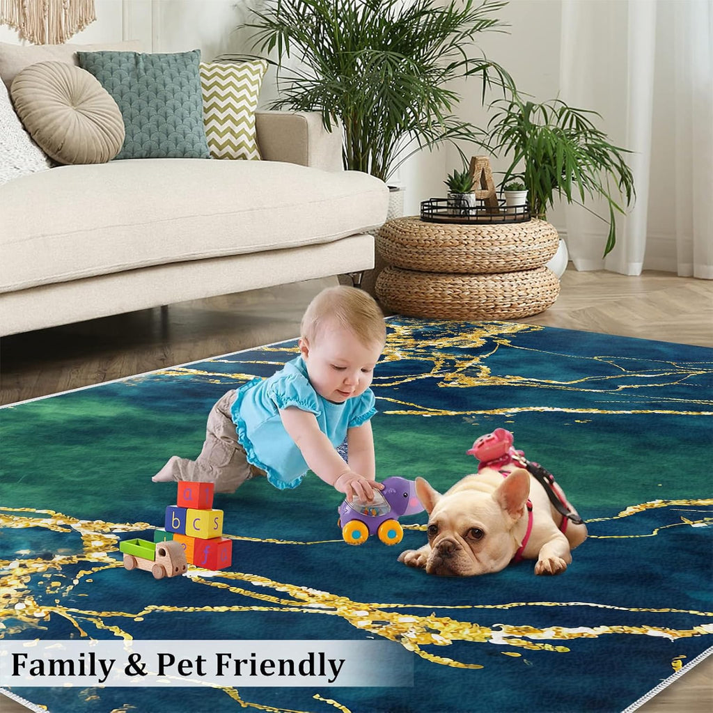 Navy Blue Stone Marble Area Rug, Gold Giltter Rugs for Living Room, Indoor Non-Slip Kids Rugs, Machine Washable Breathable Durable Carpet for Front Entrance Floor Decor,6 x 8ft