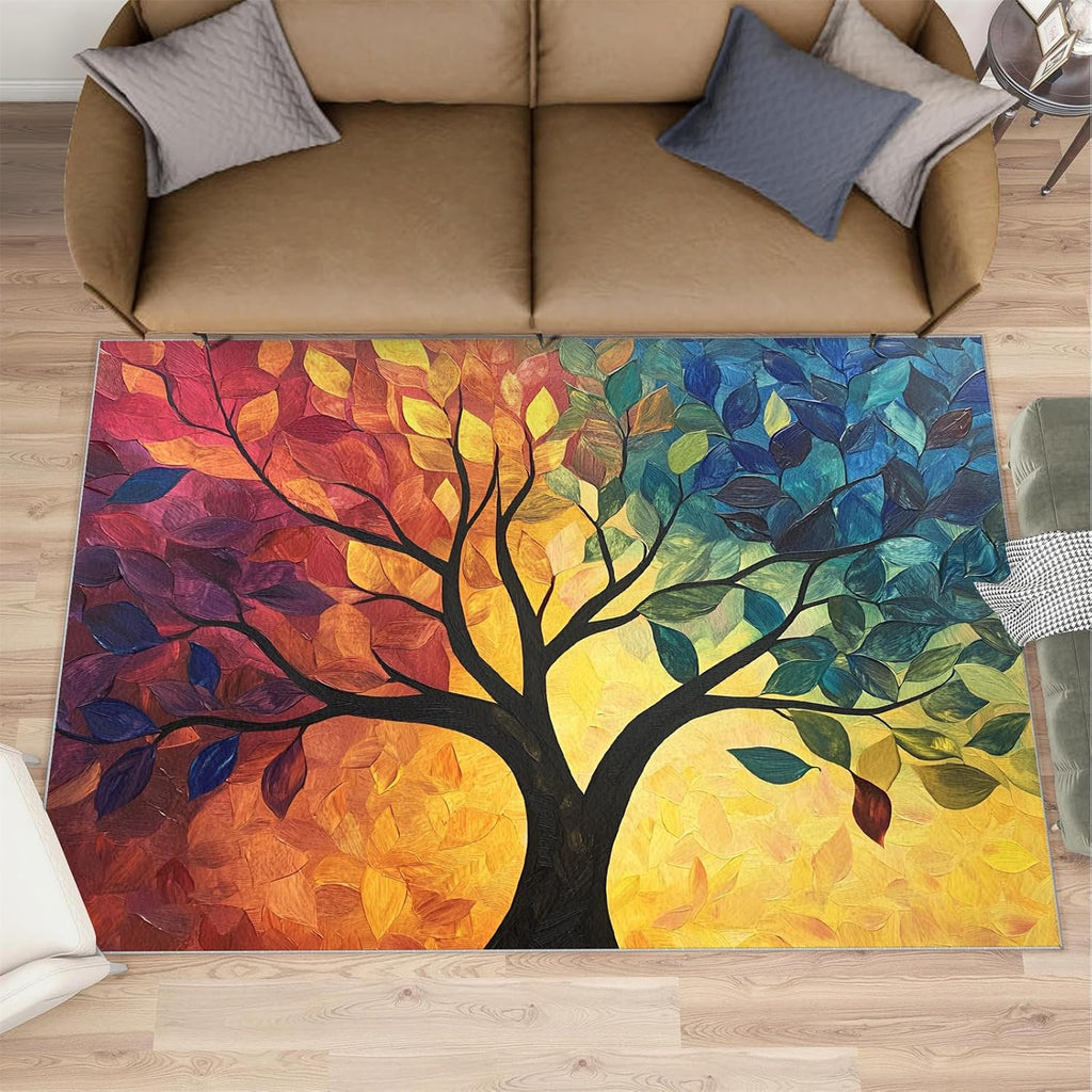 Colorful Tree Area Rug 6x8 - Tree of Life Large Rugs for Living Room, Impressionist Oil Painting Carpet Area Rug for Girls Bedroom Kids Room Basement Office Classroom