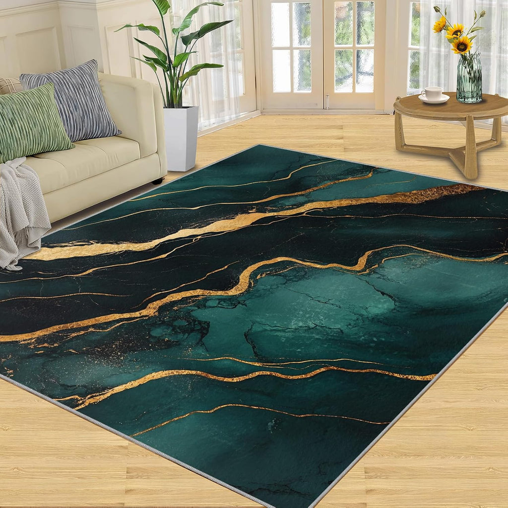 Emerald Green Marble Rug 6x8-6x8 Rug, Emerald Green Gold Area Rugs for Bedroom, Abstract Texture Rugs for Living Room, Luxury Washable Carpet, Marble Home Decor & Gifts