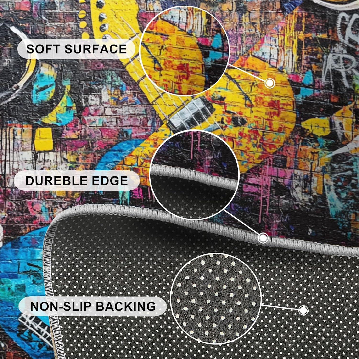 Guitar Rug & Home Decor - 5x7 Rug, Graffiti Rugs for Bedroom, Hip Hop Washable Rugs for Living Room, Musical Carpet, Non Slip Indoor Guitar Floor Mats & Music Room Decor