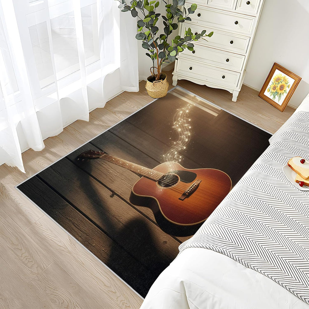 Guitar Rugs for Music Room - 5x8 Rug, Music Note Living Room Rugs, Vintage Guitar Bedroom Rug, Music Themed Carpet, Retro Musical Home Decor & Gifts