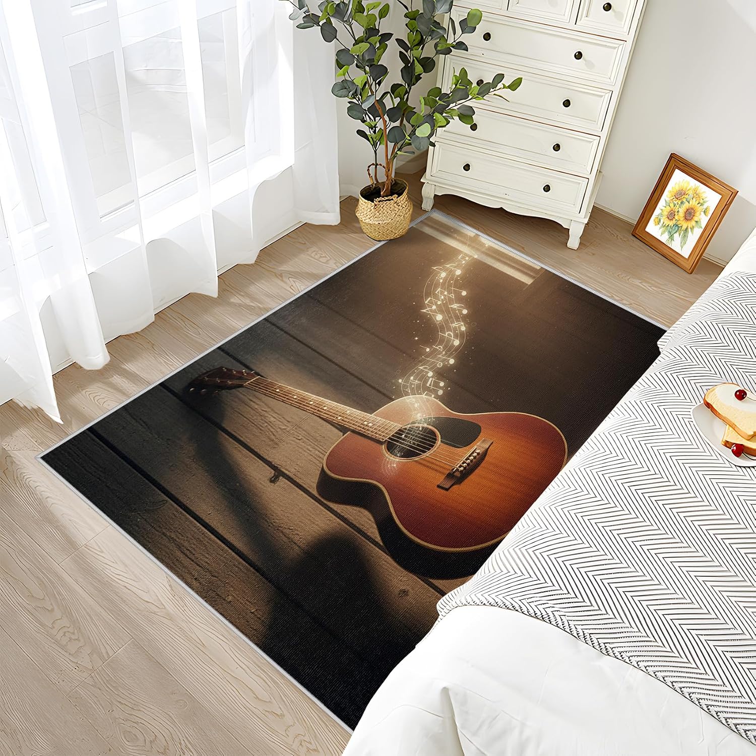 Guitar Rugs for Music Room - 5x6 Rug, Music Note Living Room Rugs, Vintage Guitar Bedroom Rug, Music Themed Carpet, Retro Musical Home Decor & Gifts