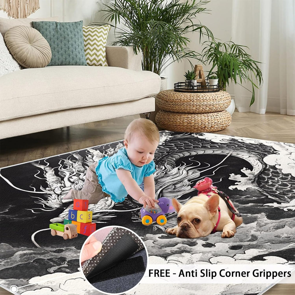 Dragon Rugs for Bedroom, China Dragon Rug 6x8, Fantasy Creature Dining Room Rugs Washable & Non Slip Large Carpet for Home Decor