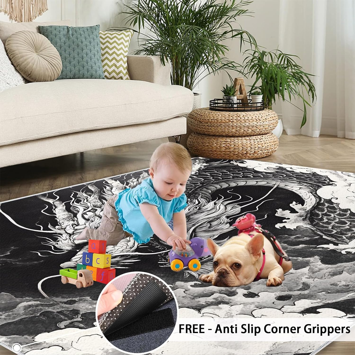 Dragon Rugs for Bedroom, China Dragon Rug 6x8, Fantasy Creature Dining Room Rugs Washable & Non Slip Large Carpet for Home Decor