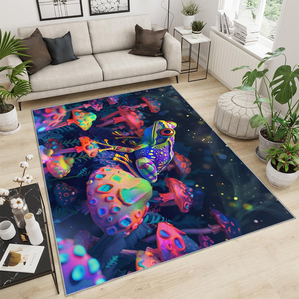 Cartoon Mushrooms Rug for Kids Room - 6x8 Large Rug, Fantasy Mushroom Rugs for Bedroom Colorful Animal Frog Area Rugs for Living Room Home Decor Washable Rug