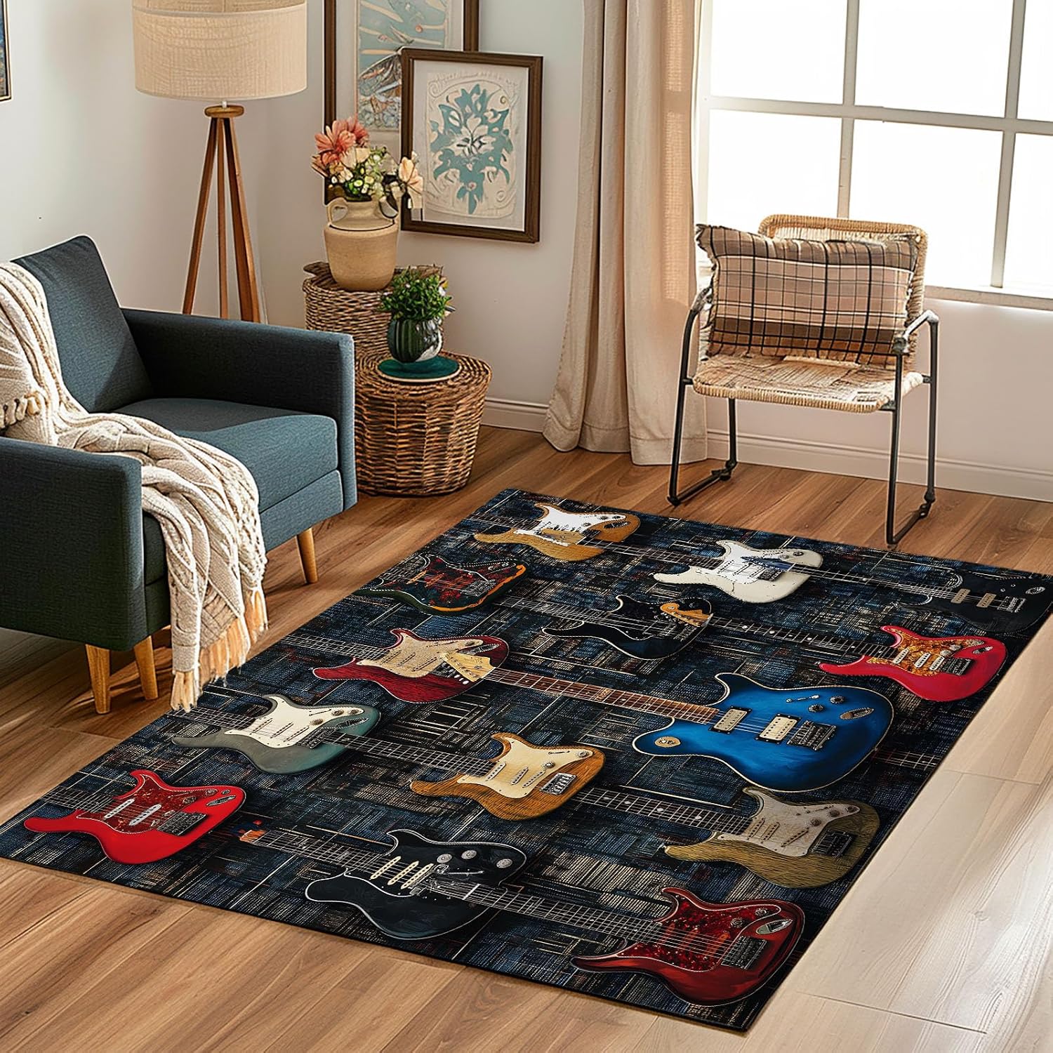 Guitar Musical Instrument Washable Area Carpet 5x6ft Black Living Room Rugs Non-Slip Rugs Bedroom Rug Decorative Carpet, for Dining Room Dormitory Washable Rug