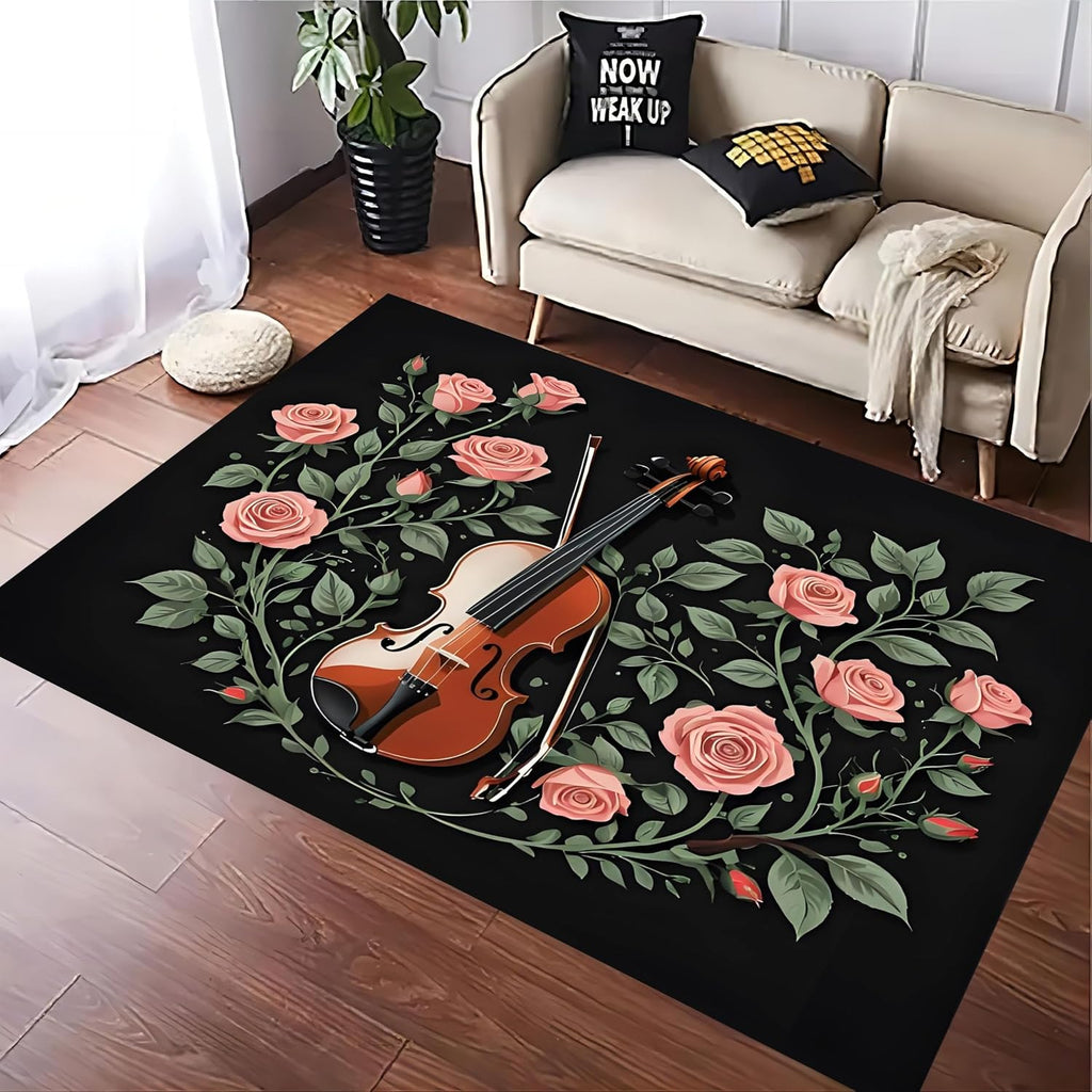 Black Area Rug，6x8ft Rose Flower Violin Music Note Area Rug，Simple Retro Music Lover Non-Slip Indoor Carpet，Kitchen Welcoming Entrance Home Decor Large Carpet Washable Floor Mats
