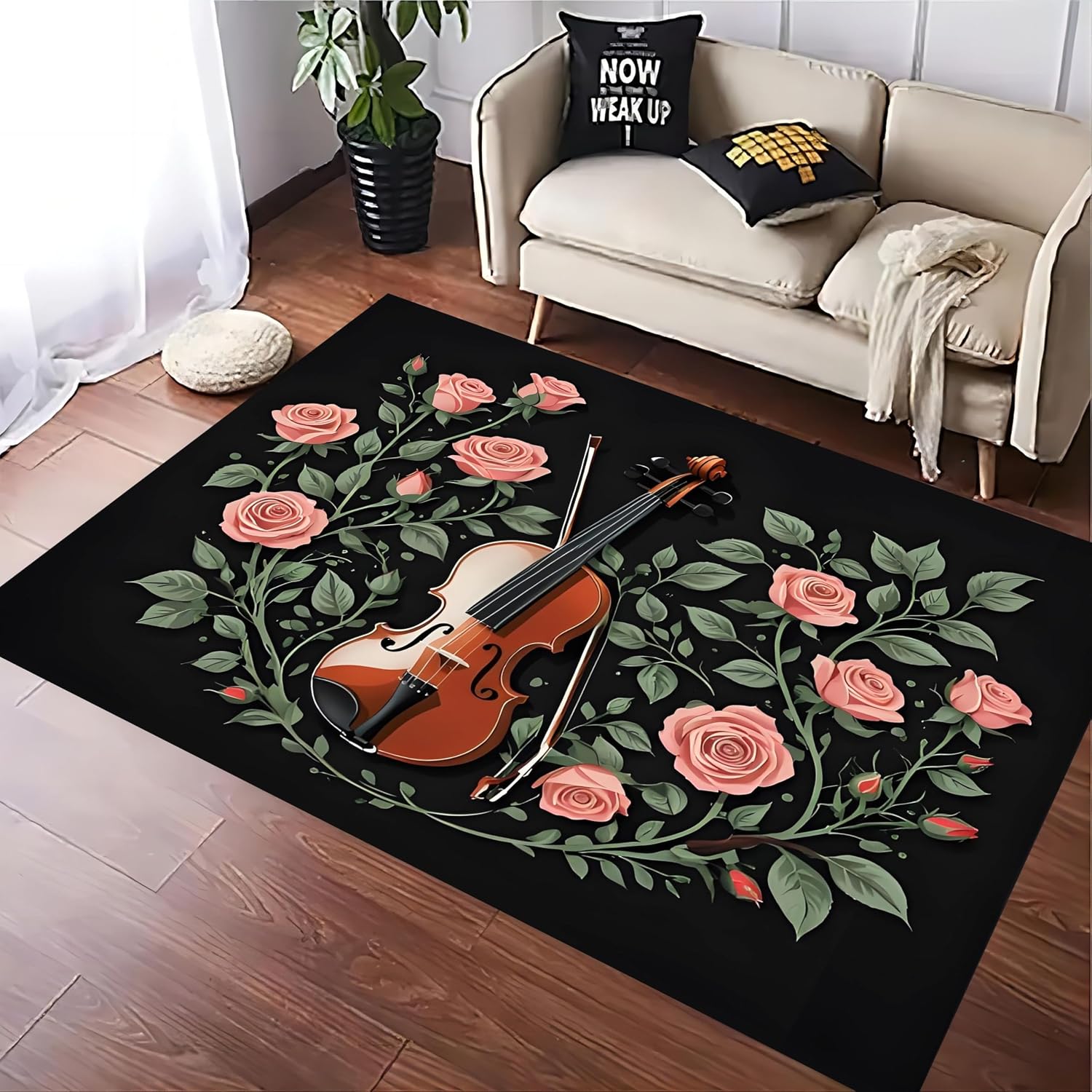 Black Area Rug，6x8ft Rose Flower Violin Music Note Area Rug，Simple Retro Music Lover Non-Slip Indoor Carpet，Kitchen Welcoming Entrance Home Decor Large Carpet Washable Floor Mats