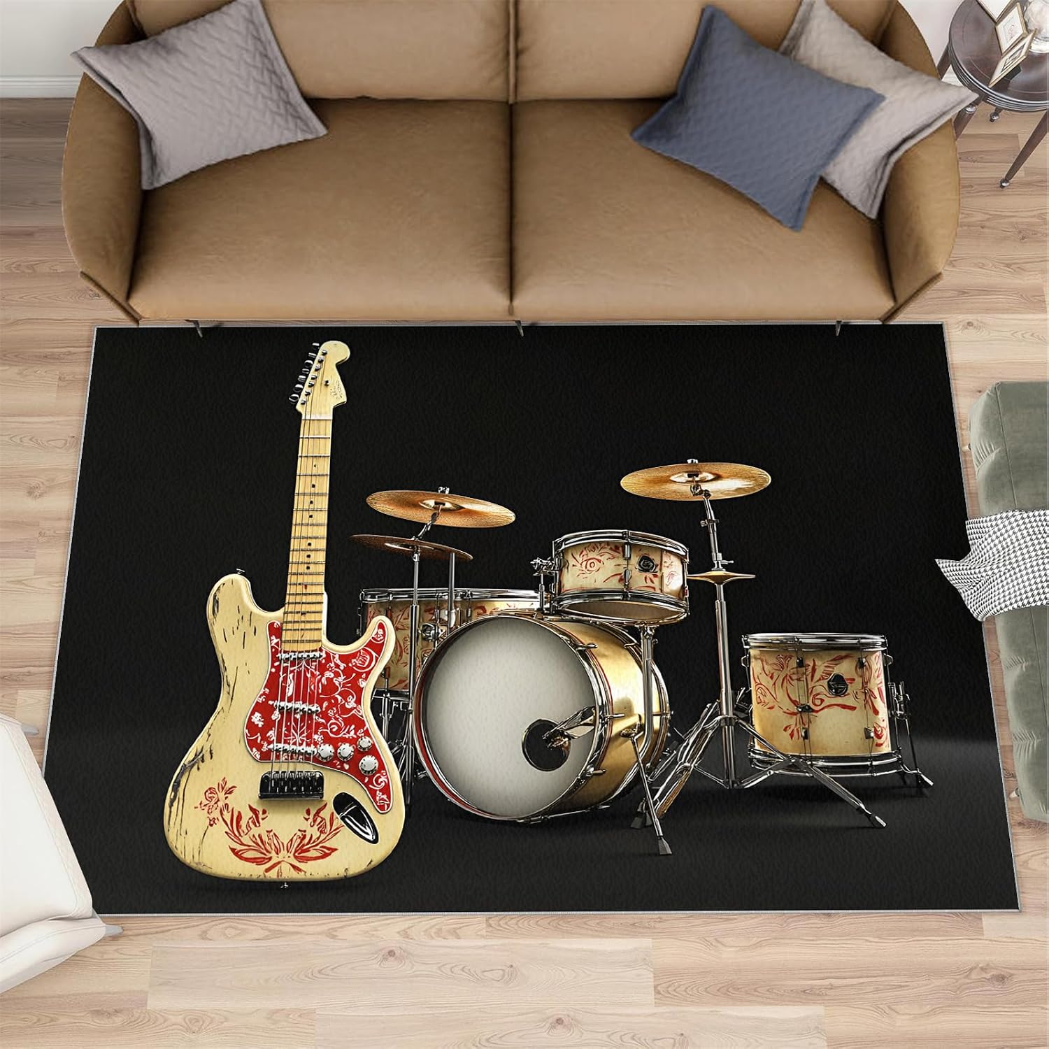 Music Area Rug Large - 5x8 Rug, Guitar Rugs for Living Room, Drum Set Carpet, Acoustic Guitar Washable Area Rugs for Bedroom, Boys Room Carpet, Music Home Decor & Gifts