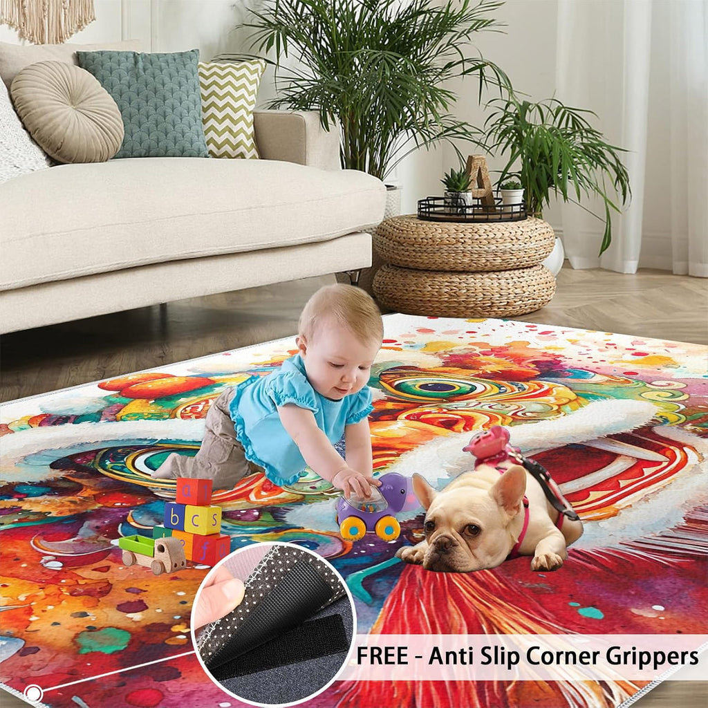 Chinese Tradition Rugs for Bedroom, Lion Dance Rug 6x8, Chinese New Year Decor Dining Room Rugs Washable & Non Slip Large Carpet for Home Decor