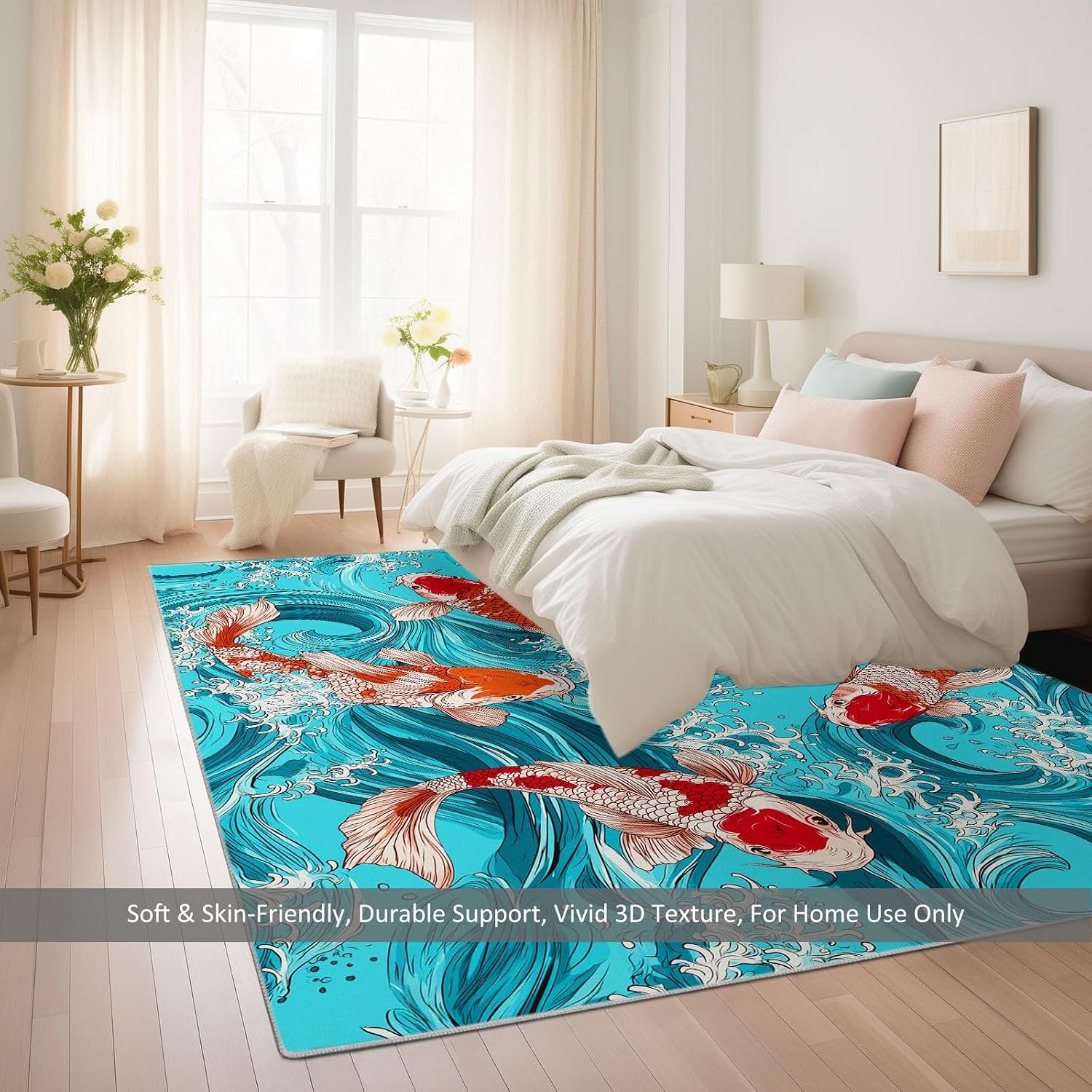 Water Waves Animals Fish Print Area Rug 5 x 7 ft for Living Room, Soft Washable Carpet for Bedroom Japanese Art Style Non-Slip Rug - Stain Resistant Carpets for Kids Playroom Classroom Dining Room