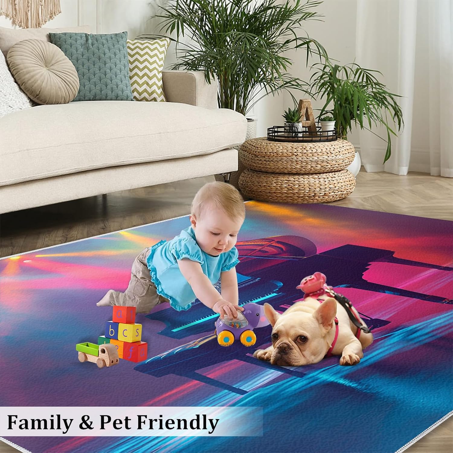 Guitar Rug & Home Decor - 5x7 Rug, Neon Rugs for Bedroom, Pop Art Washable Rugs for Living Room, Rock and Roll Carpet, Non Slip Indoor Guitar Floor Mats & Music Room Decor