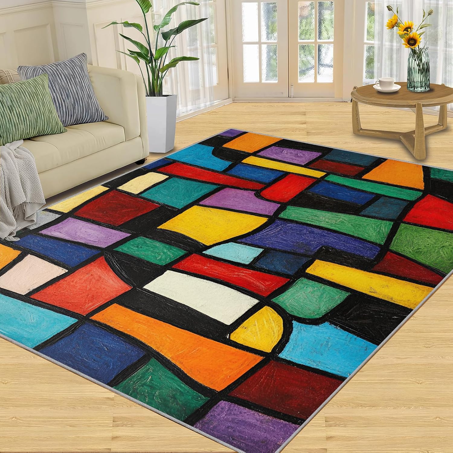 Colorful Geometry Area Rug, Geometric Color Blocks Rugs for Living Room, Low Pile Soft High Traffic Rugs for Bedroom Children's Room Dormitory Decor Floor Mat 6x8