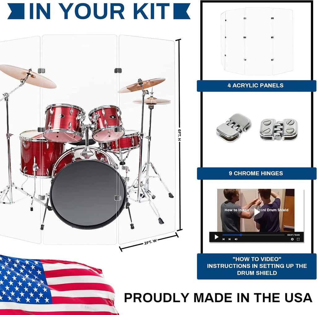 PENNZONI Drum Shield 6ft w/Chrome Hinges, Comes w/ 4 Drum Panels, & 9 Chrome Hinges, Premium Clear Acrylic Panels, Drum Screen