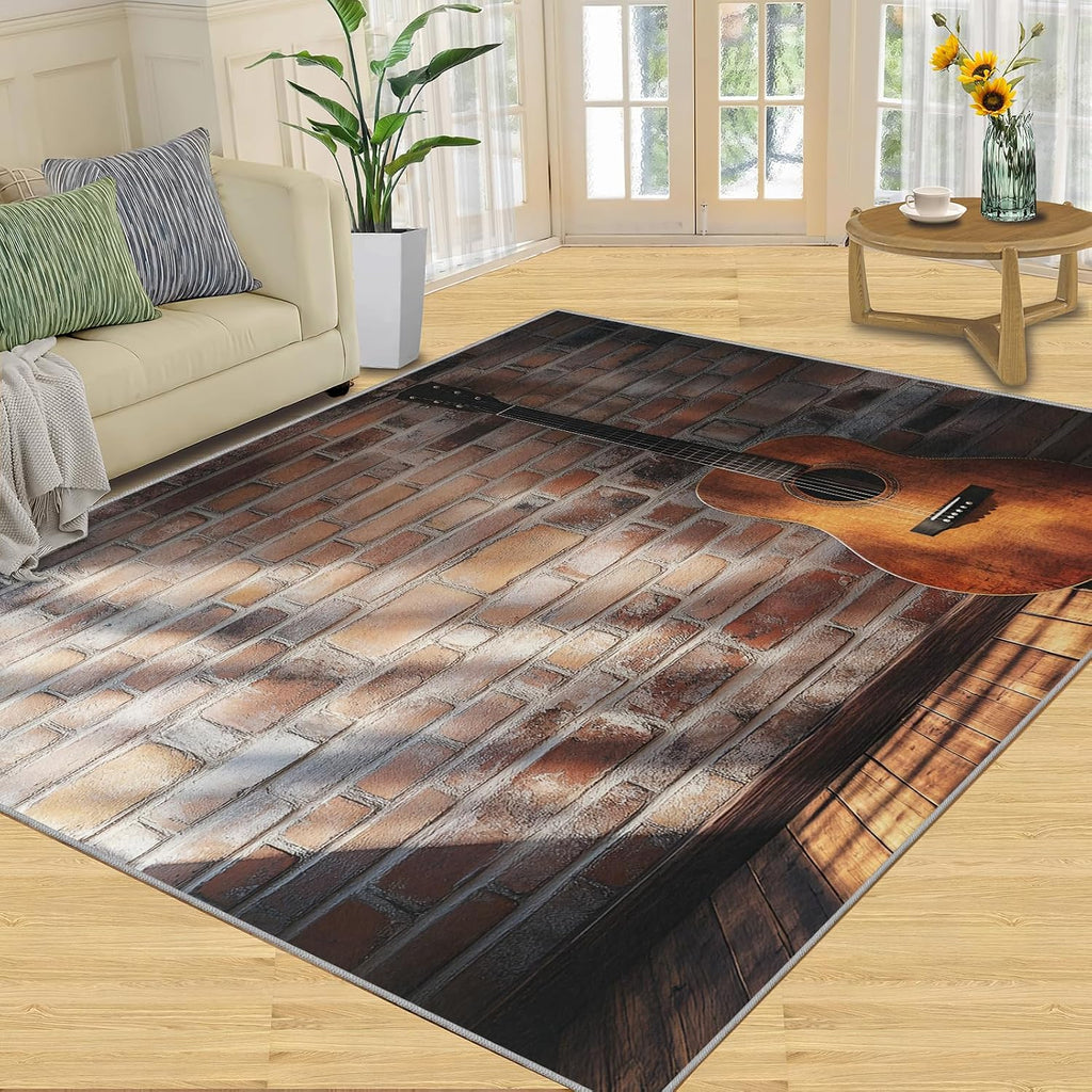 Guitar Rugs for Bedroom - 5x7 Rug, Music Area Rugs for Living Room, Brickwall Carpet, Boys Washable Mat, Guitar Home Decor & Gifts