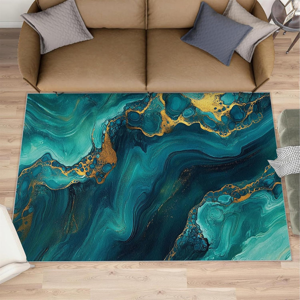 Modern Abstract Rug 6x8-6x8 Rug, Emerald Green Marble Area Rugs for Bedroom, Green Fluid Rugs for Living Room, Abstract Washable Mat, Contemporary Carpet, Marble Home Decor & Gifts
