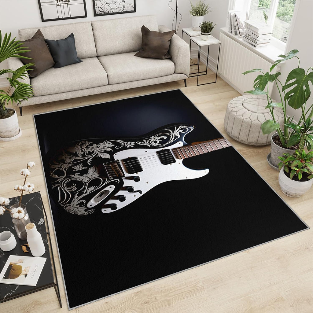 Guitar Rugs for Music Room - Music Rug, 6x8 Rug, Boys Musical Washable Rugs for Living Room Bedroom, Black Area Rug, Rock and Roll Carpet - Home Decor, Electric Guitars Gifts for Men