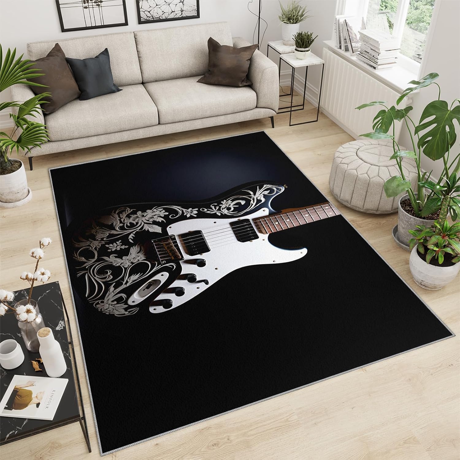 Guitar Rugs for Music Room - 5x7 Rug, Music Home Decor, Boys Musical Washable Rugs for Living Room Bedroom, Black Area Rug, Rock and Roll Carpet, Electric Guitars Gifts for Men