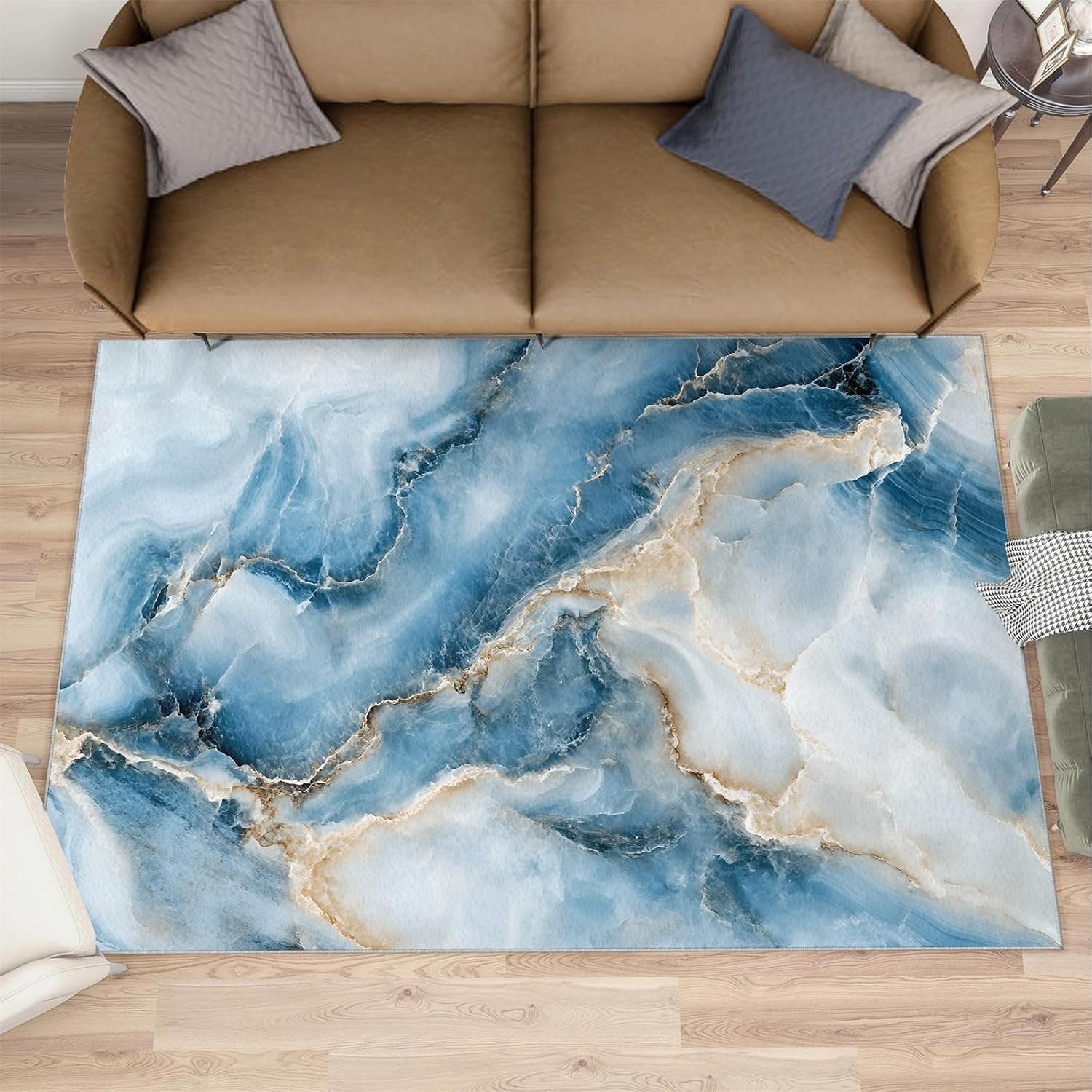 Blue Marble Area Rug Large - 6x8 Rug, Modern Rugs for Living Room, Light Luxury Area Rugs for Bedroom, Abstract Art Washable Carpet, Marble Home Decor & Gifts