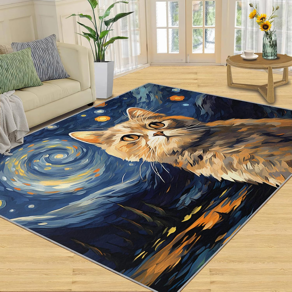 6x8 Area Rug - Starry Sky Golden Gradient Cat Large Rugs for Living Room, Post-Impressionist Art Painting Carpet Area Rug for Girls Bedroom Kids Room Basement Office Classroom