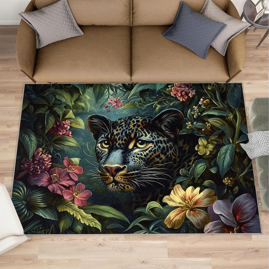 Cheetah Rug, Tropical Rainforest Rugs for Bedroom 5x7 Rug, Leopard Area Rug, Rugs for Living Room, Non Slip Washable Carpet for Kids Room Home Decor