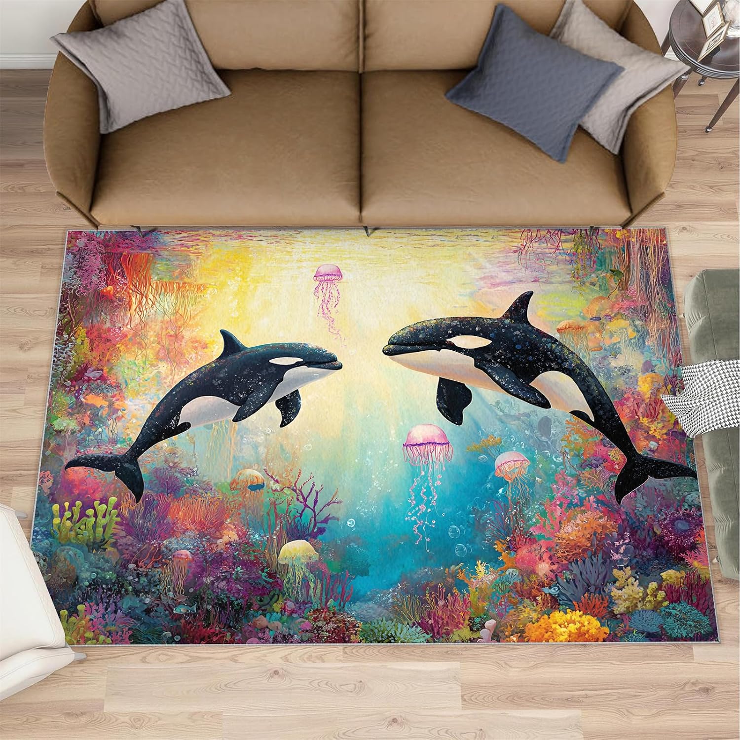 Dolphin Area Rug 6x8, Ocean Shengw Rugs for Living Room, Dolphin Rug for Bedroom, Machine Washable Rugs for Kitchen Dining, Home Decor Carpet