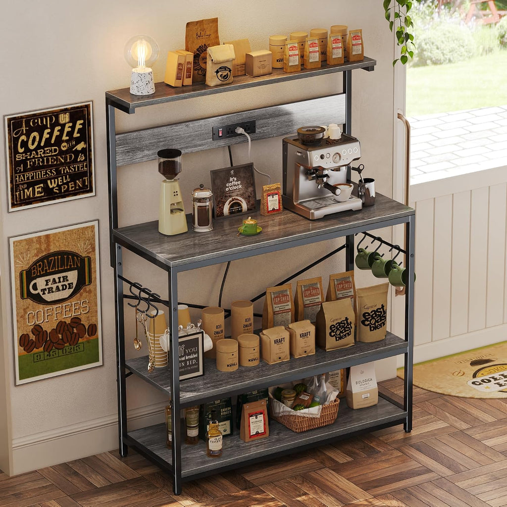SUPERJARE Bakers Rack with Power Outlets, Microwave Stand, 39.4 X 14.3 Inch Larger Desktop, Kitchen Storage Rack with Adjustable Middle Shelf, 6 S-Shaped Hooks, Coffee Bar Stand, Grey