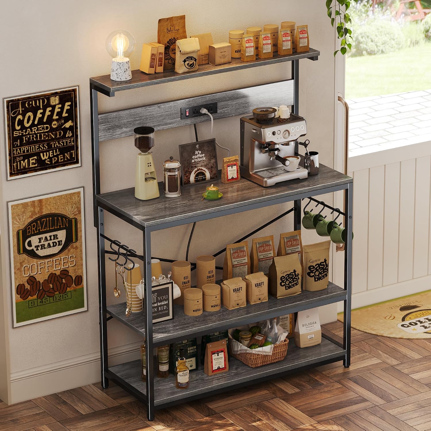 SUPERJARE Bakers Rack with Power Outlets, Microwave Stand, 39.4 X 14.3 Inch Larger Desktop, Kitchen Storage Rack with Adjustable Middle Shelf, 6 S-Shaped Hooks, Coffee Bar Stand, Grey