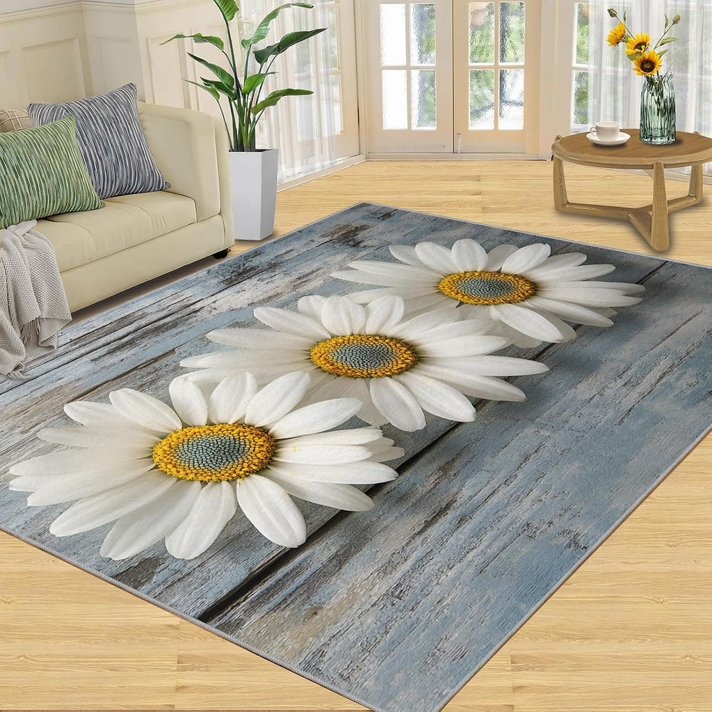 Daisy Rugs for Girls Room, Wooden Board Background Area Rug, Washable Bedroom Rug for Living Room Study Office Decor Floor Mat 6x8