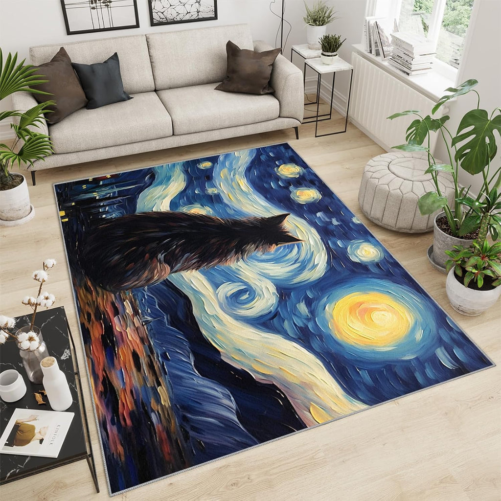 6x8 Area Rug - Starry Sky Cat Large Rugs for Living Room, Night Sky Artistic Animal Painting Carpet Area Rug for Girls Bedroom Kids Room Basement Office Classroom