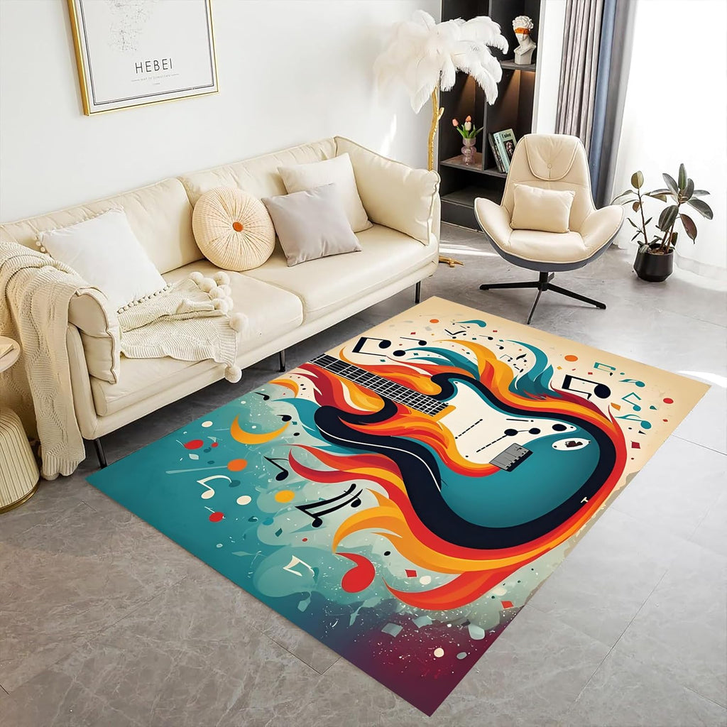 Burning Guitar Music Area Rugs，6x8ft Modern Music Lover Large Rugs, Indoor Non-Slip Kids Rugs, Machine Washable Breathable Durable Carpet for Welcoming Entrance Bedroom Floor Decor