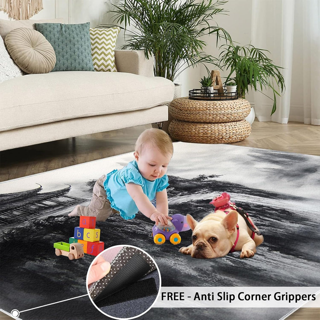 Chinese Ink Painting Area Rug 6x8 - Landscape Pavilions Large Rugs for Living Room, Traditional Carpet Area Rug for Girls Bedroom Kids Room Basement Office Classroom