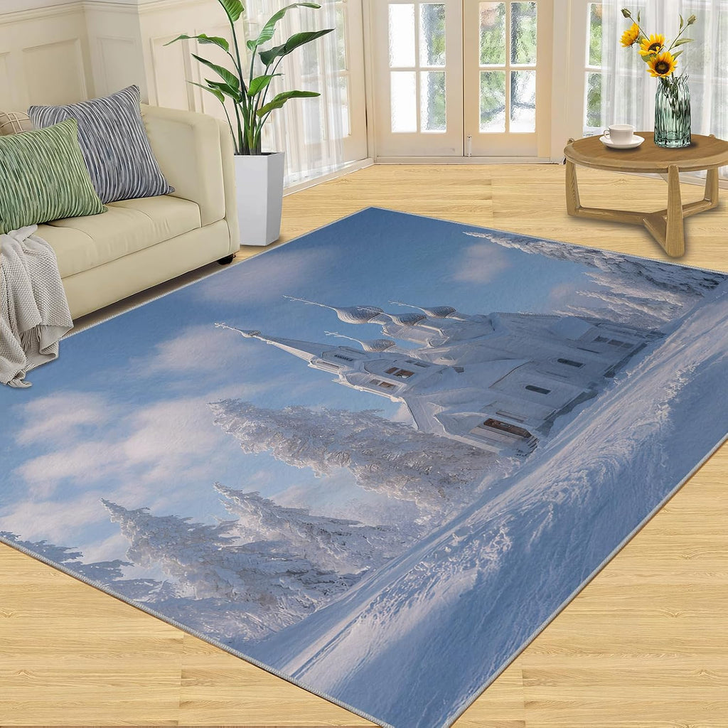 Castle Rugs for Bedroom, Winter Forest Rug 6x8, Winter Scenery Dining Room Rugs Washable & Non Slip Large Carpet for Home Decor