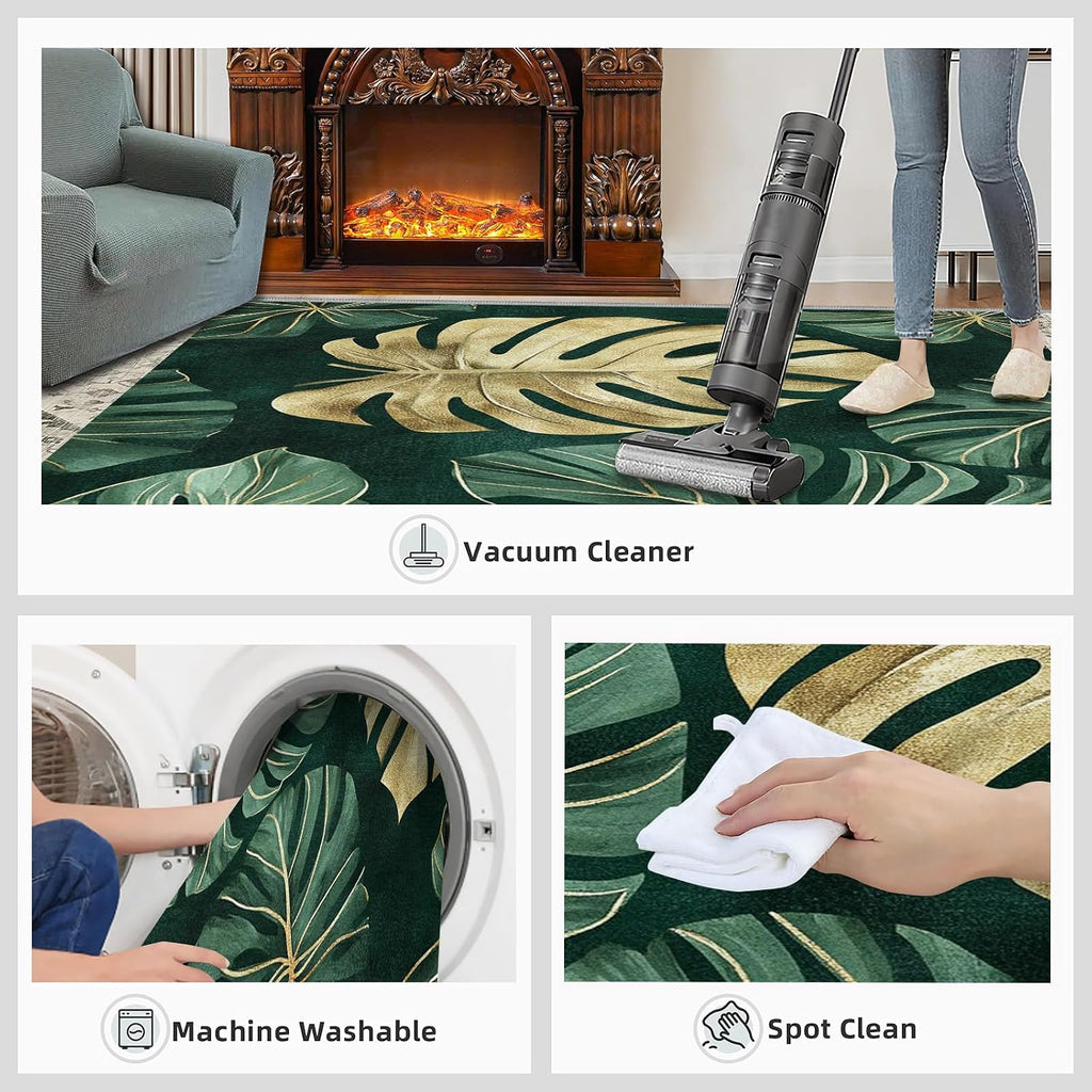 Monstera Rug 6x8-6x8 Rug, Emerald Green Gold Monstera Area Rugs for Bedroom, Tropical Rugs for Living Room, Luxury Washable Mat, Botanical Carpet, Leaves Home Decor & Gifts