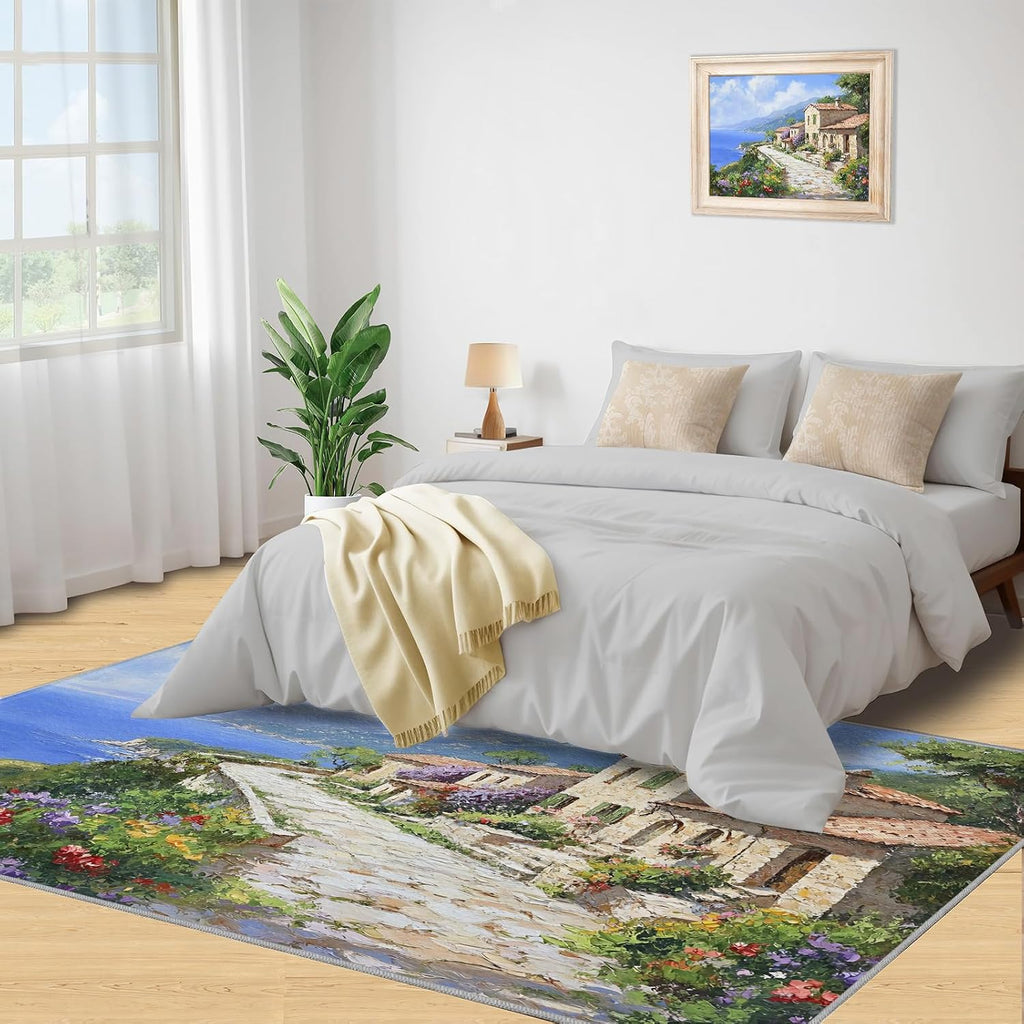 Tuscany Italy Rugs for Bedroom - 6x8 Rug, Italian Flowers Street Area Rugs for Living Room, Old Town Carpet, Seascape Washable Area Mat, Oil Painting Carpet, Italy Home Decor & Gifts