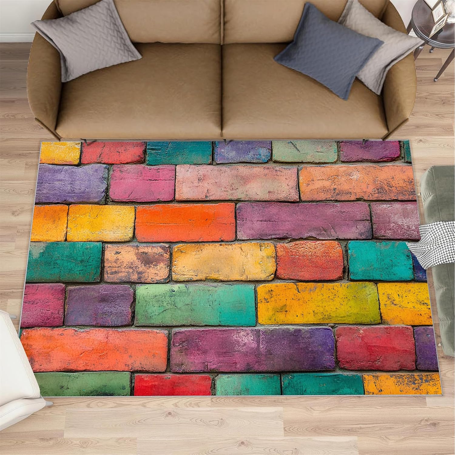 Colored Wall Tiles Area Rug, Retro Distressed Rugs for Living Room, Low Pile Soft High Traffic Rugs for Front Entrance Floor Decor Mat 6x8