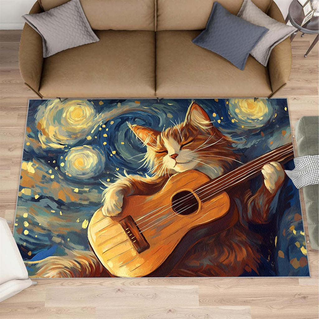 Starry Sky Cat Area Rug, Guitar Music Cat Rugs for Boys Room, Non Slip Kids Rug for Living Room Bedroom Study Office Decor Floor Mat 8x10