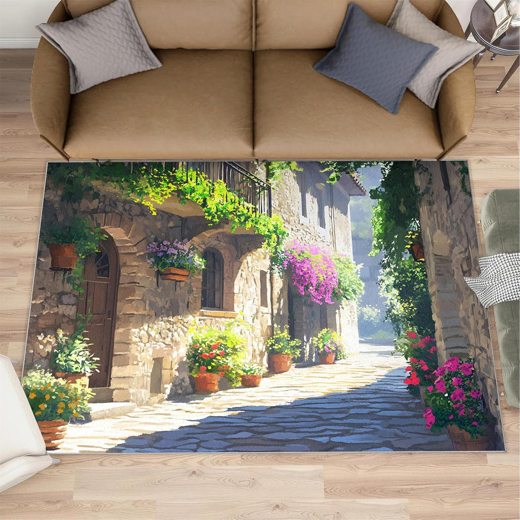 Tuscany Italy Rugs for Bedroom - 6x8 Rug, Italian Street Area Rugs for Living Room, Flowers Green Plants Carpet, Landscape Washable Area Mat, Italian Carpet, Italy Home Decor & Gifts