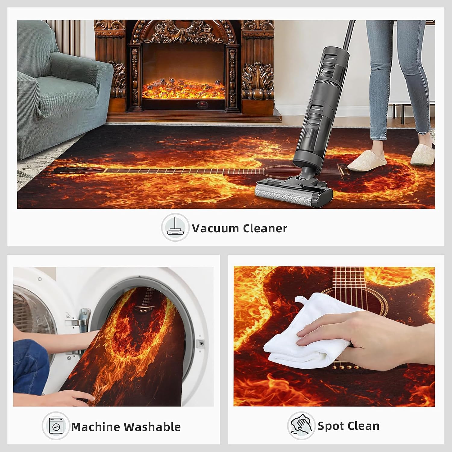 Guitar Rug 6x8, Flame Guitar Rugs for Living Room, Music Rugs for Bedroom, Low Pile Washable Area Rug, Non Slip Carpet for Hardwood Floors