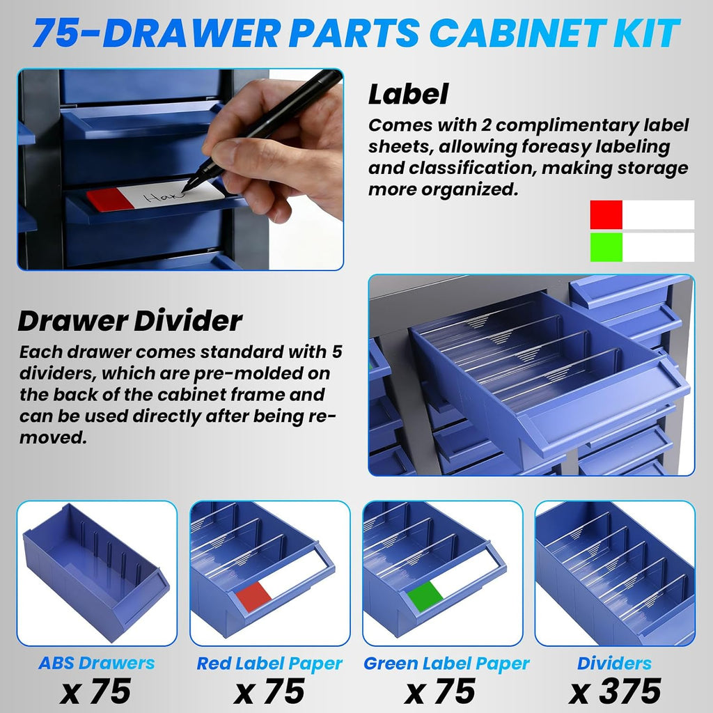 75 Drawers Bolt and Nut Organizer, Stainless Steel Part Cabinet & Tool Storage Cabinet, Bolt Bin Cabinets with ABS Drawers, Shelves & Label Stickers for Workshop Garage Hardware Storage