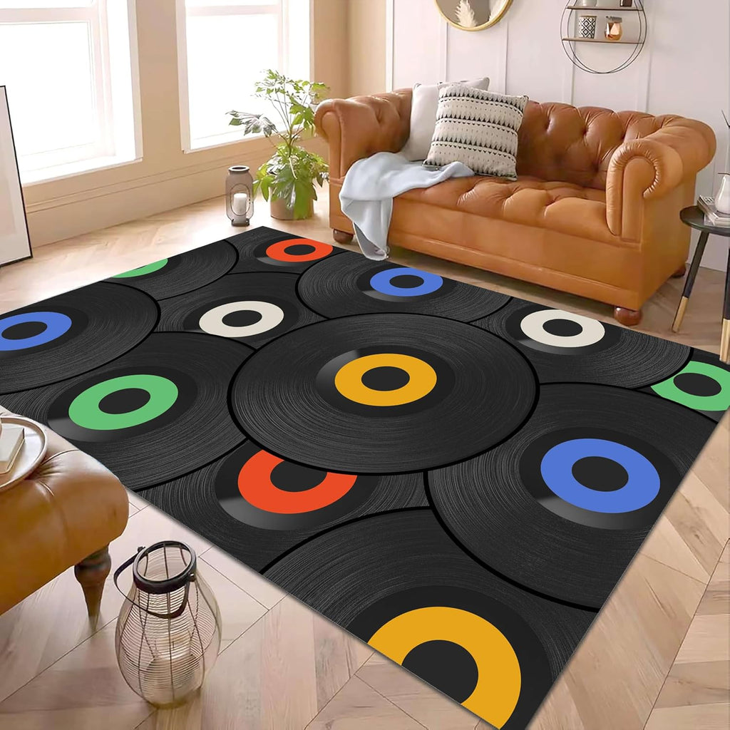 UNREASTO Music Record Area Rug, 6x8ft, Modern Classic Music Vinyl Record Black Rugs for Music Lovers Home Decoration, Non-Slip Washable Rug for Living Room Bedroom Dining Room Music Room Floor Mat