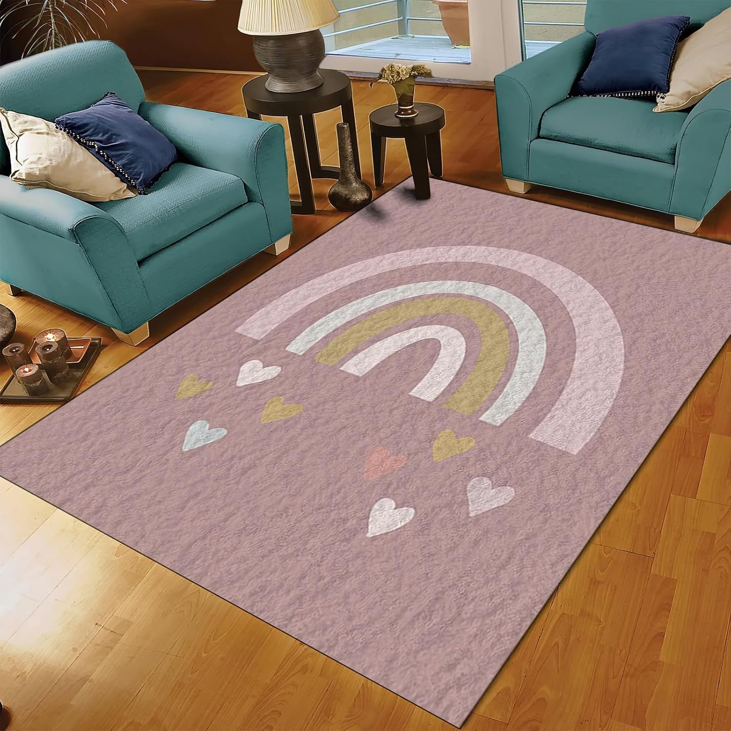 Pink Abstract Rainbow Art Area Rug, Modern Love Print Indoor Non Slip Living Room Rug, Machine Washable Breathable Durable Carpet for Sofa Bedroom Dining Room Home Decor - 5 ft x 7 ft